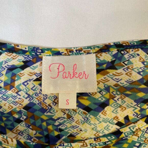 Parker 100% Silk Mini Dress Size S Dolman Long Sleeve Geometric Abstract Print - Picture 8 of 10
